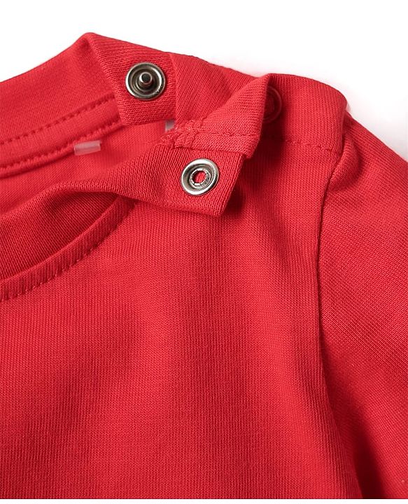 Babyhug Disney Single Jersey Knit Half Sleeves T-Shirt & Dungaree Set With Mickey Mouse Graphics And Pocket Detailing - Light Blue & Red