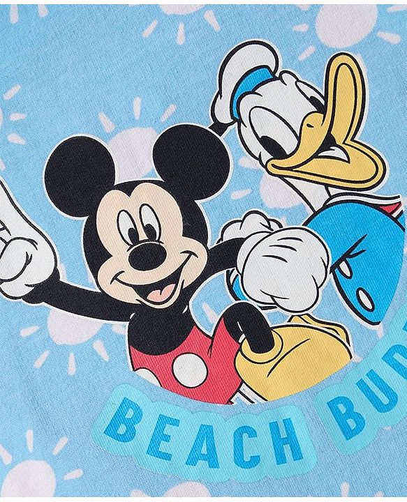Babyhug Disney Single Jersey Knit Half Sleeves T-Shirt & Dungaree Set With Mickey Mouse Graphics And Pocket Detailing - Light Blue & Red