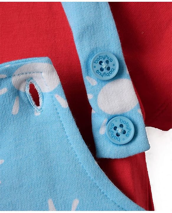 Babyhug Disney Single Jersey Knit Half Sleeves T-Shirt & Dungaree Set With Mickey Mouse Graphics And Pocket Detailing - Light Blue & Red