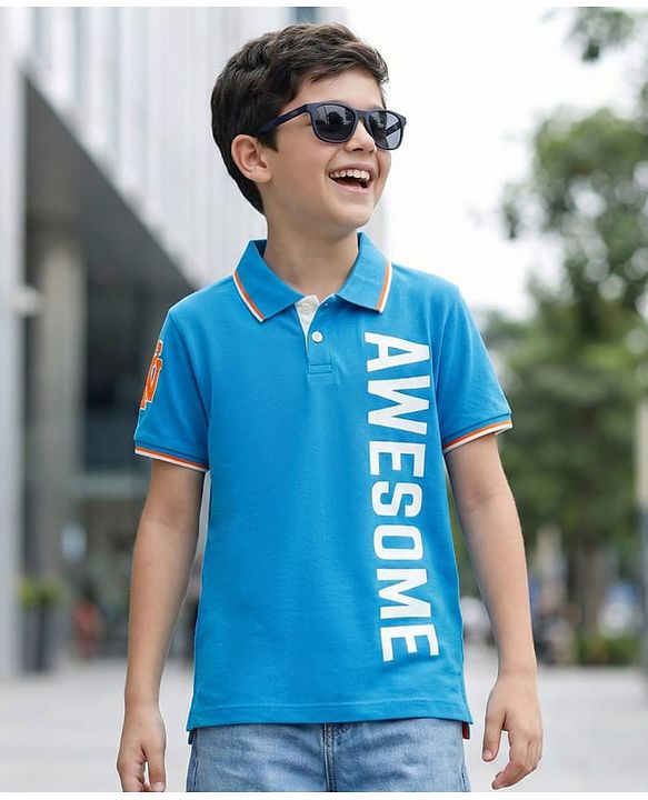 Pine Kids Cotton Knit Half Sleeves Polo T-Shirt with Awesome Text Print - Blue