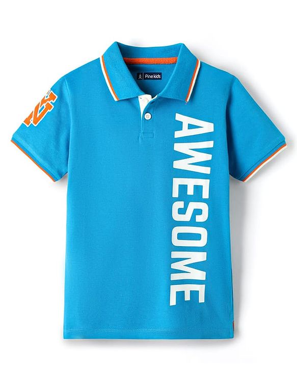 Pine Kids Cotton Knit Half Sleeves Polo T-Shirt with Awesome Text Print - Blue