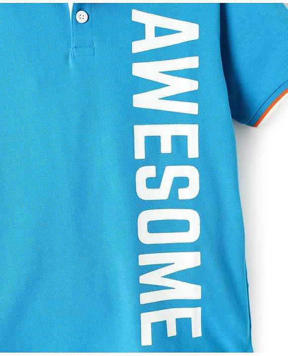 Pine Kids Cotton Knit Half Sleeves Polo T-Shirt with Awesome Text Print - Blue