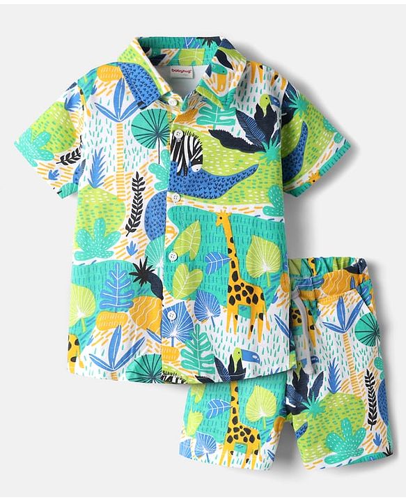 Babyhug Single Jersey Knit Half Sleeves Shirt & Shorts Co-Ord Set With Animal Print - Multicolor
