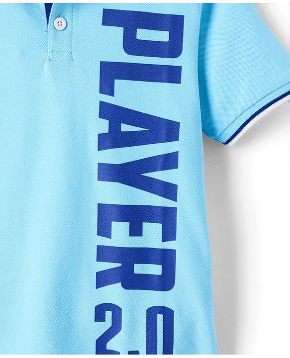Pine Kids Cotton Knit Half Sleeves Polo T-Shirt with Player 2.0 Text Print - Light Blue