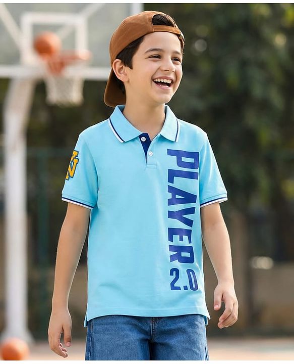 Pine Kids Cotton Knit Half Sleeves Polo T-Shirt with Player 2.0 Text Print - Light Blue