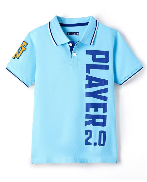 Pine Kids Cotton Knit Half Sleeves Polo T-Shirt with Player 2.0 Text Print - Light Blue