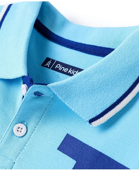Pine Kids Cotton Knit Half Sleeves Polo T-Shirt with Player 2.0 Text Print - Light Blue