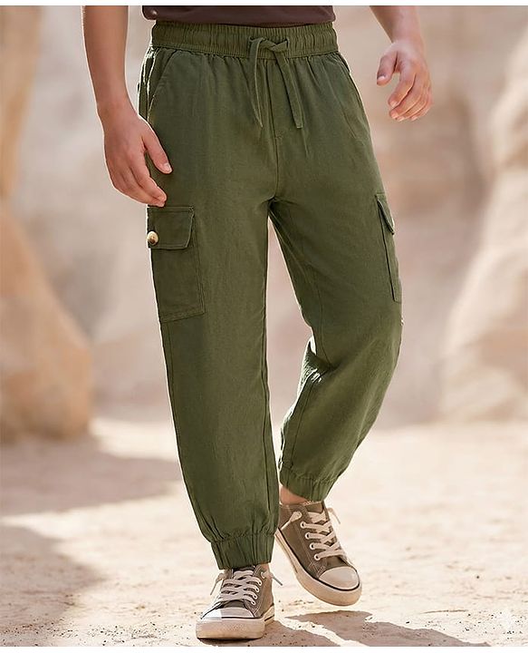 Pine Kids Cotton Elastane Woven Full Length Solid Color Cargo Pants With Pockets - Olive Green