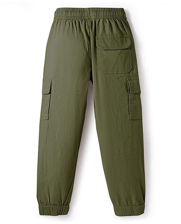 Pine Kids Cotton Elastane Woven Full Length Solid Color Cargo Pants With Pockets - Olive Green