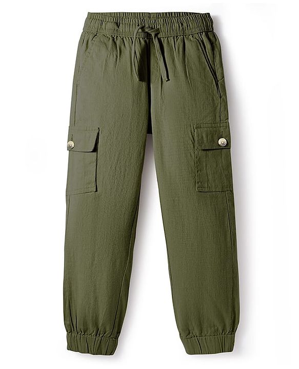 Pine Kids Cotton Elastane Woven Full Length Solid Color Cargo Pants With Pockets - Olive Green