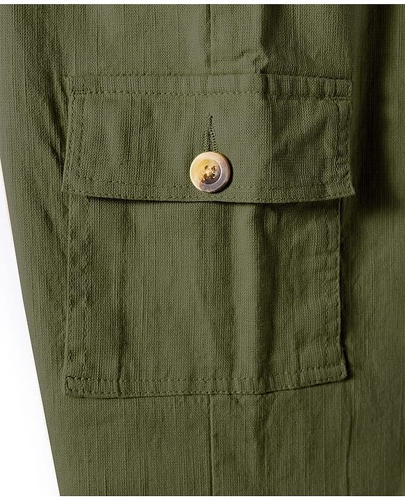 Pine Kids Cotton Elastane Woven Full Length Solid Color Cargo Pants With Pockets - Olive Green