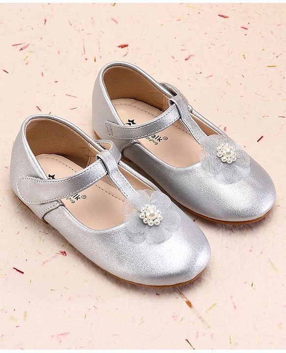 Cute Walk by Babyhug Ballerina With Velcro Closure and Floral Applique - Silver