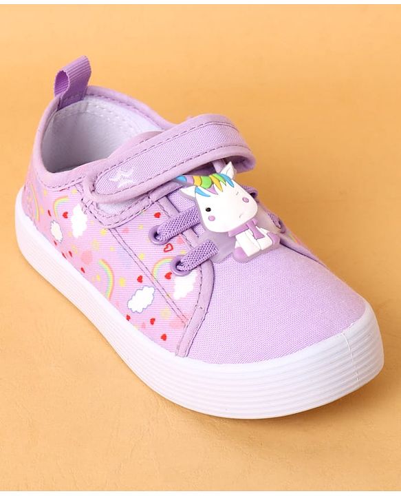 Cute Walk by Babyhug Velcro Closure Casual Shoes With Heart Print & Unicorn Applique - Purple