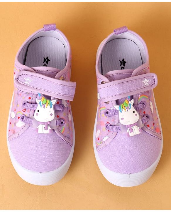 Cute Walk by Babyhug Velcro Closure Casual Shoes With Heart Print & Unicorn Applique - Purple