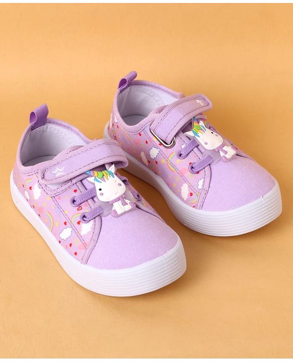 Cute Walk by Babyhug Velcro Closure Casual Shoes With Heart Print & Unicorn Applique - Purple