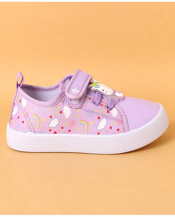 Cute Walk by Babyhug Velcro Closure Casual Shoes With Heart Print & Unicorn Applique - Purple