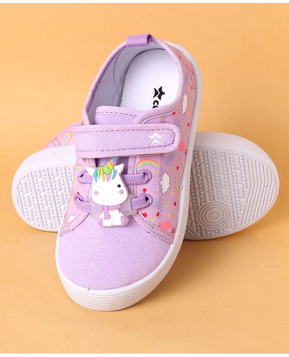 Cute Walk by Babyhug Velcro Closure Casual Shoes With Heart Print & Unicorn Applique - Purple
