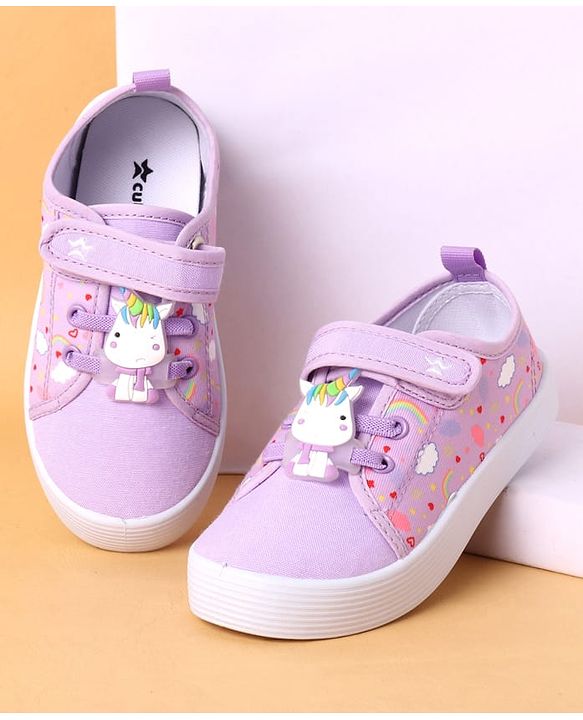 Cute Walk by Babyhug Velcro Closure Casual Shoes With Heart Print & Unicorn Applique - Purple