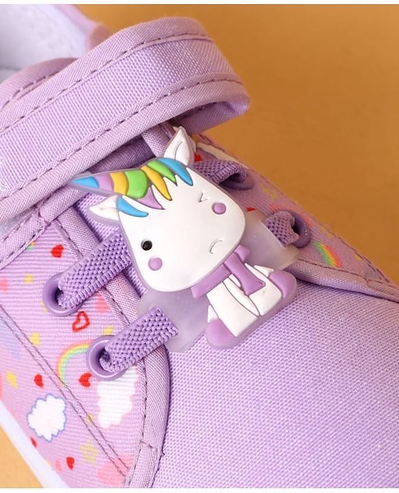 Cute Walk by Babyhug Velcro Closure Casual Shoes With Heart Print & Unicorn Applique - Purple