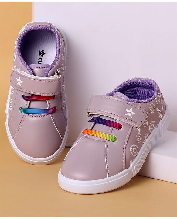 Cute Walk By Babyhug Velcro Closure Casual Shoes With Candy Print & Lace Detailing - Purple
