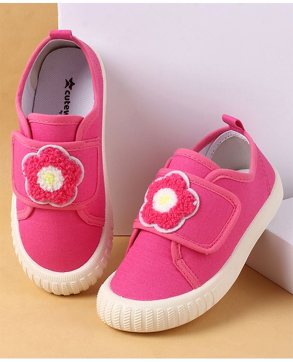 Cute Walk by Babyhug Casual Shoes with Floral Applique & Velcro Closure - Dark Pink