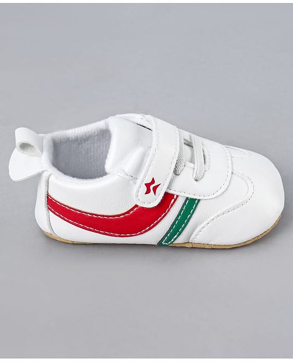 Cute Walk by Babyhug Booties with Velcro Closure & Tape Detailing - White Red & Green