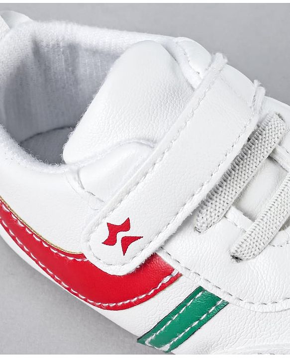 Cute Walk by Babyhug Booties with Velcro Closure & Tape Detailing - White Red & Green