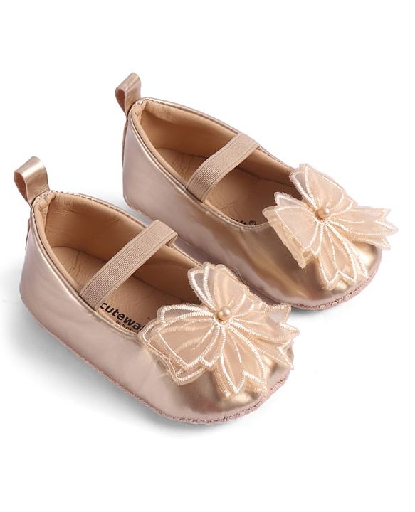 Cute Walk by Babyhug Slip On Booties with Bow Applique - Golden