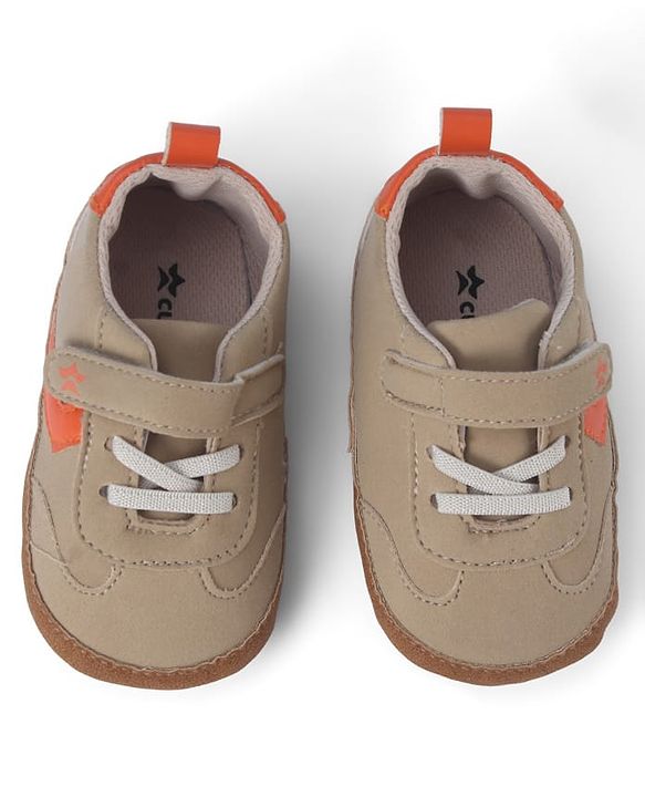 Cute Walk by Babyhug Booties with Velcro Closure & Tape Detailing - Khaki