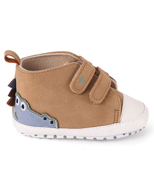 Cute Walk by Babyhug Velcro Closure Booties with Crocodile Applique - Khaki