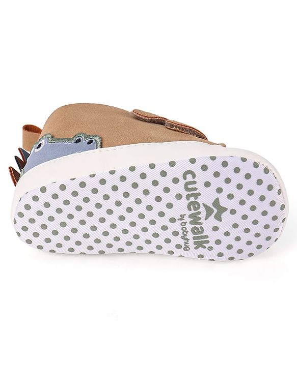 Cute Walk by Babyhug Velcro Closure Booties with Crocodile Applique - Khaki