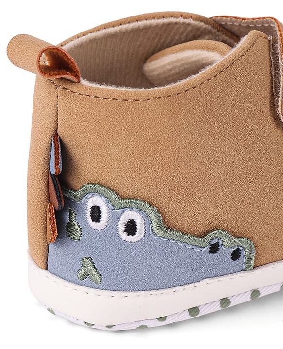 Cute Walk by Babyhug Velcro Closure Booties with Crocodile Applique - Khaki