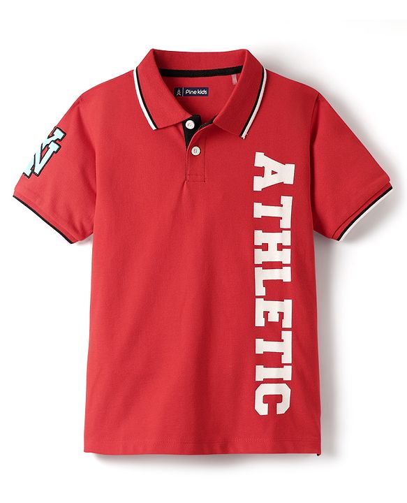 Pine Kids Cotton Knit Half Sleeves Polo T-Shirt with Athletic Text Print - Red