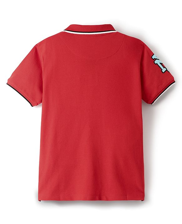 Pine Kids Cotton Knit Half Sleeves Polo T-Shirt with Athletic Text Print - Red