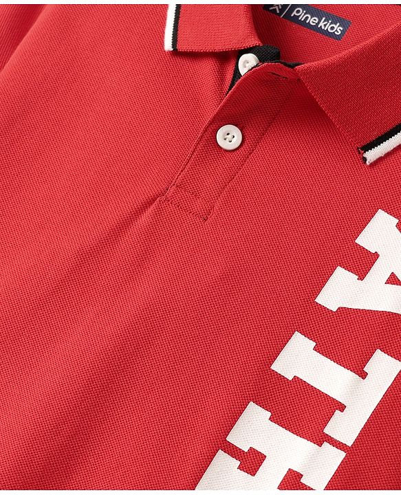 Pine Kids Cotton Knit Half Sleeves Polo T-Shirt with Athletic Text Print - Red