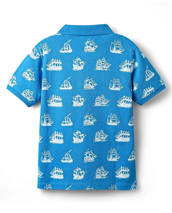 Pine Kids Cotton Knit Half Sleeves Polo T-Shirt with Nautical Print - Blue