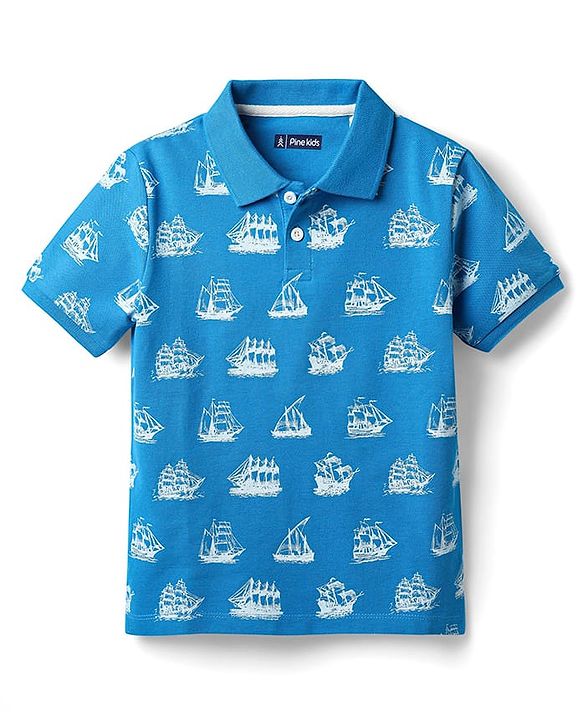 Pine Kids Cotton Knit Half Sleeves Polo T-Shirt with Nautical Print - Blue