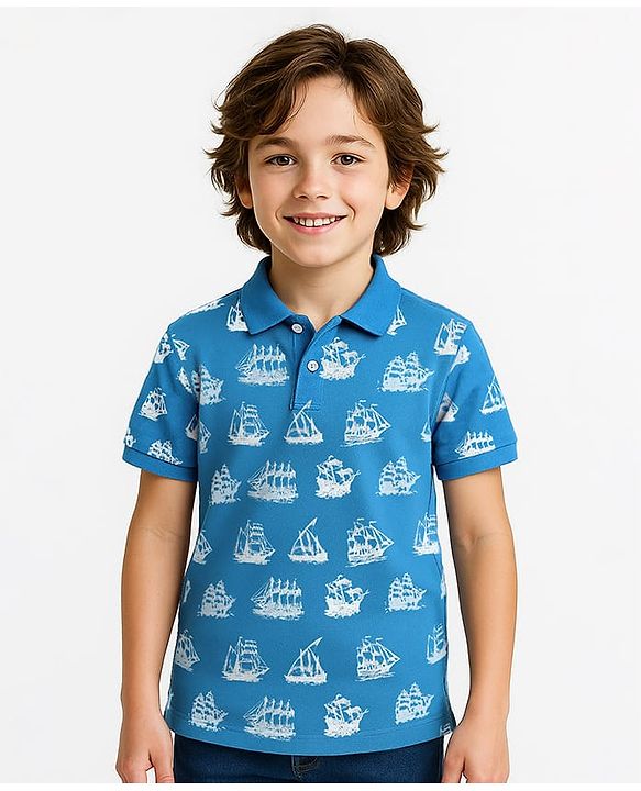 Pine Kids Cotton Knit Half Sleeves Polo T-Shirt with Nautical Print - Blue