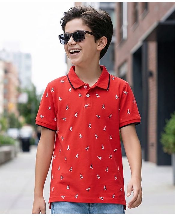 Pine Kids Cotton Knit Half Sleeves Polo T-Shirt with Brand Logo Print - Red