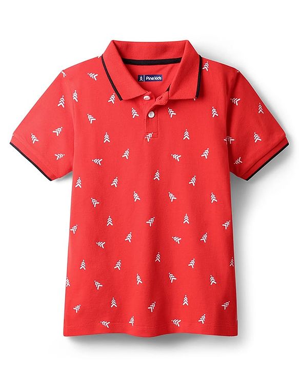Pine Kids Cotton Knit Half Sleeves Polo T-Shirt with Brand Logo Print - Red