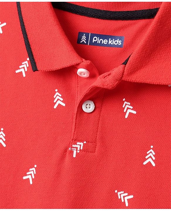 Pine Kids Cotton Knit Half Sleeves Polo T-Shirt with Brand Logo Print - Red