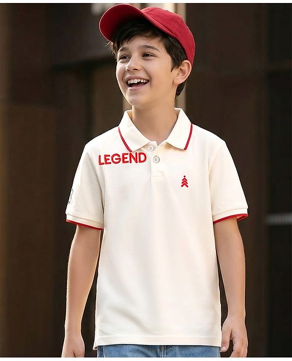 Pine Kids Cotton Knit Half Sleeves Polo T-Shirt with Ledgend Text Embroidery - White