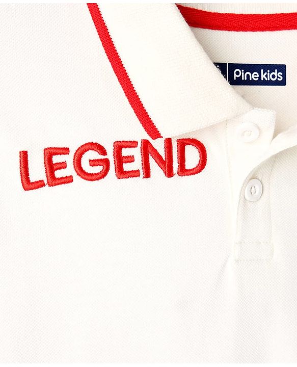Pine Kids Cotton Knit Half Sleeves Polo T-Shirt with Ledgend Text Embroidery - White