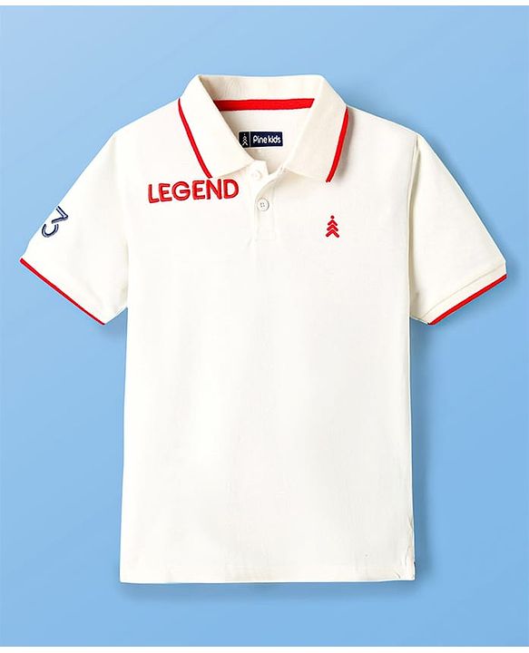 Pine Kids Cotton Knit Half Sleeves Polo T-Shirt with Ledgend Text Embroidery - White