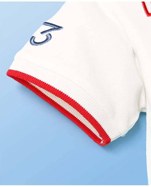 Pine Kids Cotton Knit Half Sleeves Polo T-Shirt with Ledgend Text Embroidery - White
