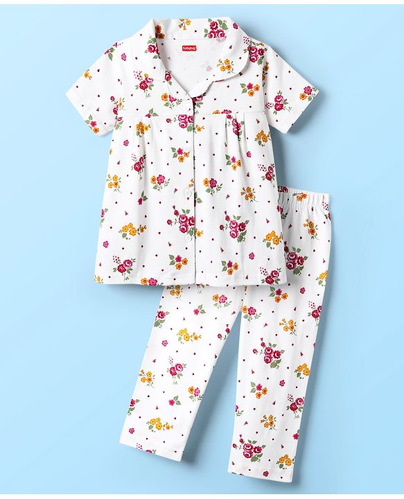 Babyhug Cotton Knit Front Open Half Sleeves Co-ord Night Suit With Floral Print - White