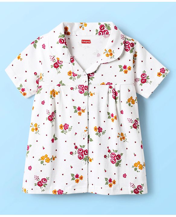 Babyhug Cotton Knit Front Open Half Sleeves Co-ord Night Suit With Floral Print - White