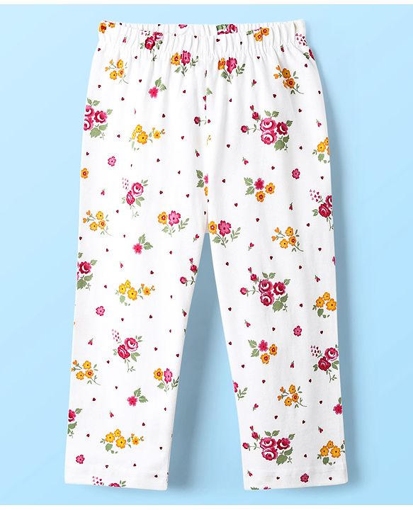 Babyhug Cotton Knit Front Open Half Sleeves Co-ord Night Suit With Floral Print - White