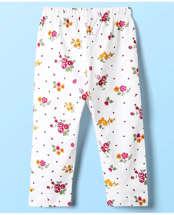 Babyhug Cotton Knit Front Open Half Sleeves Co-ord Night Suit With Floral Print - White