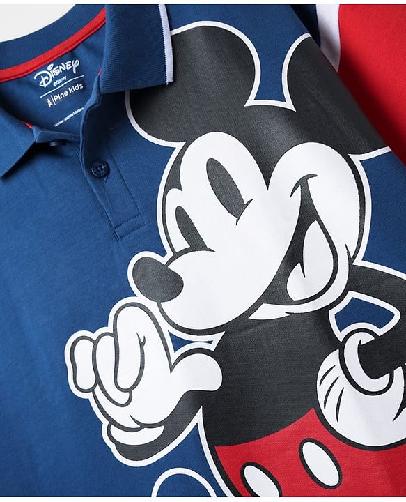 Pine Kids Disney Terry Knit Half Drop Shoulder Sleeves Polo T-Shirt with Mickey Mouse Print - Blue